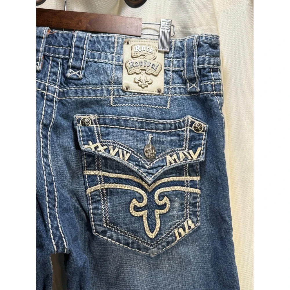 Rock Revival Mens Bootcut Jeans Size 34 Flap Pocket Thick Stitch Blue Y2K